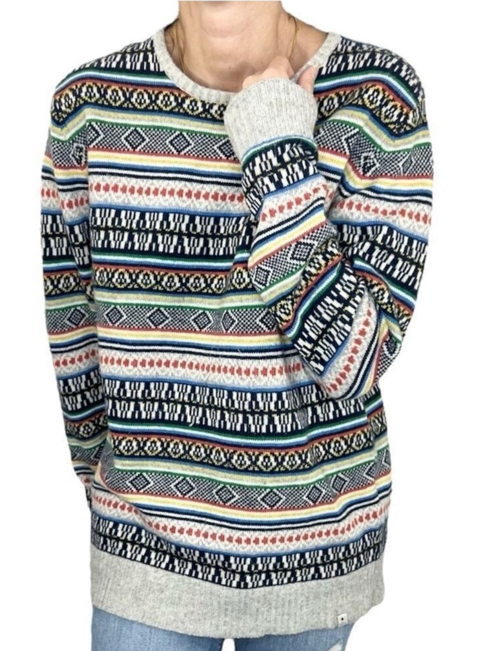 RVLT Revolution Denmark wool blend Nordic fair isle crew neck ski sweater XL